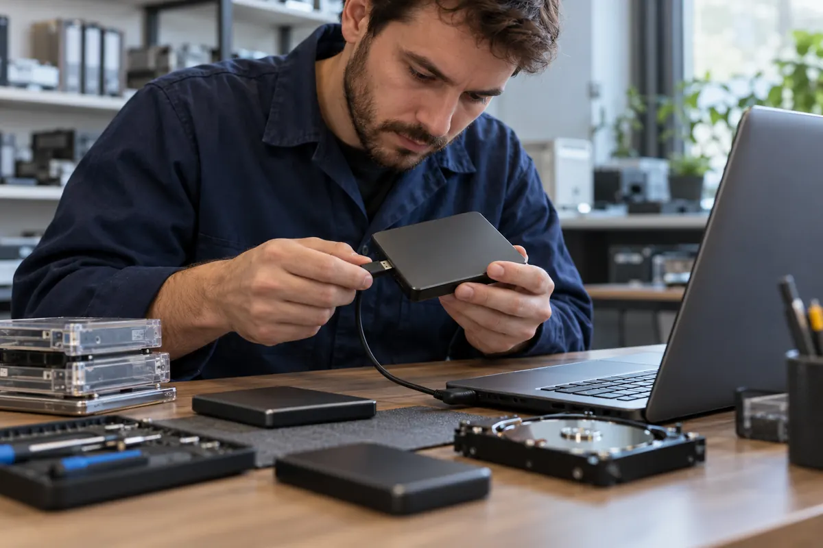 Illustrative technician checking an external backup drive